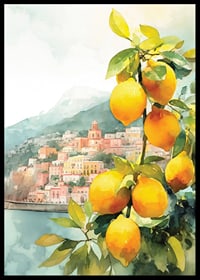 Watercolor of lemon tree with yellow fruits and Amalfi Coast villages-6