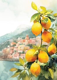 Watercolor of lemon tree with yellow fruits and Amalfi Coast villages-7