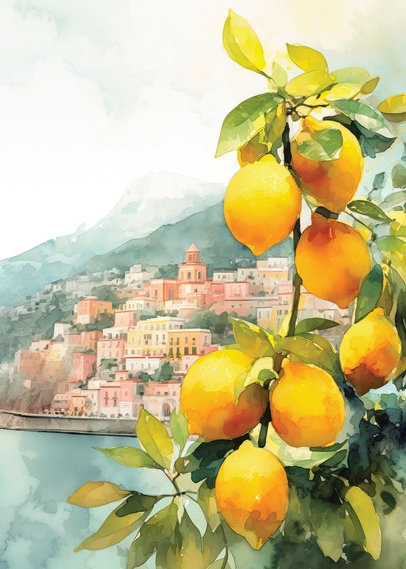 Watercolor of lemon tree with yellow fruits and Amalfi Coast villages-12