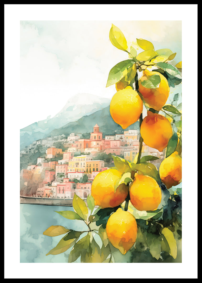 Watercolor of lemon tree with yellow fruits and Amalfi Coast villages-12