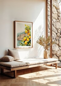 Watercolor of lemon tree with yellow fruits and Amalfi Coast villages-8