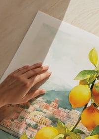 Watercolor of lemon tree with yellow fruits and Amalfi Coast villages-9