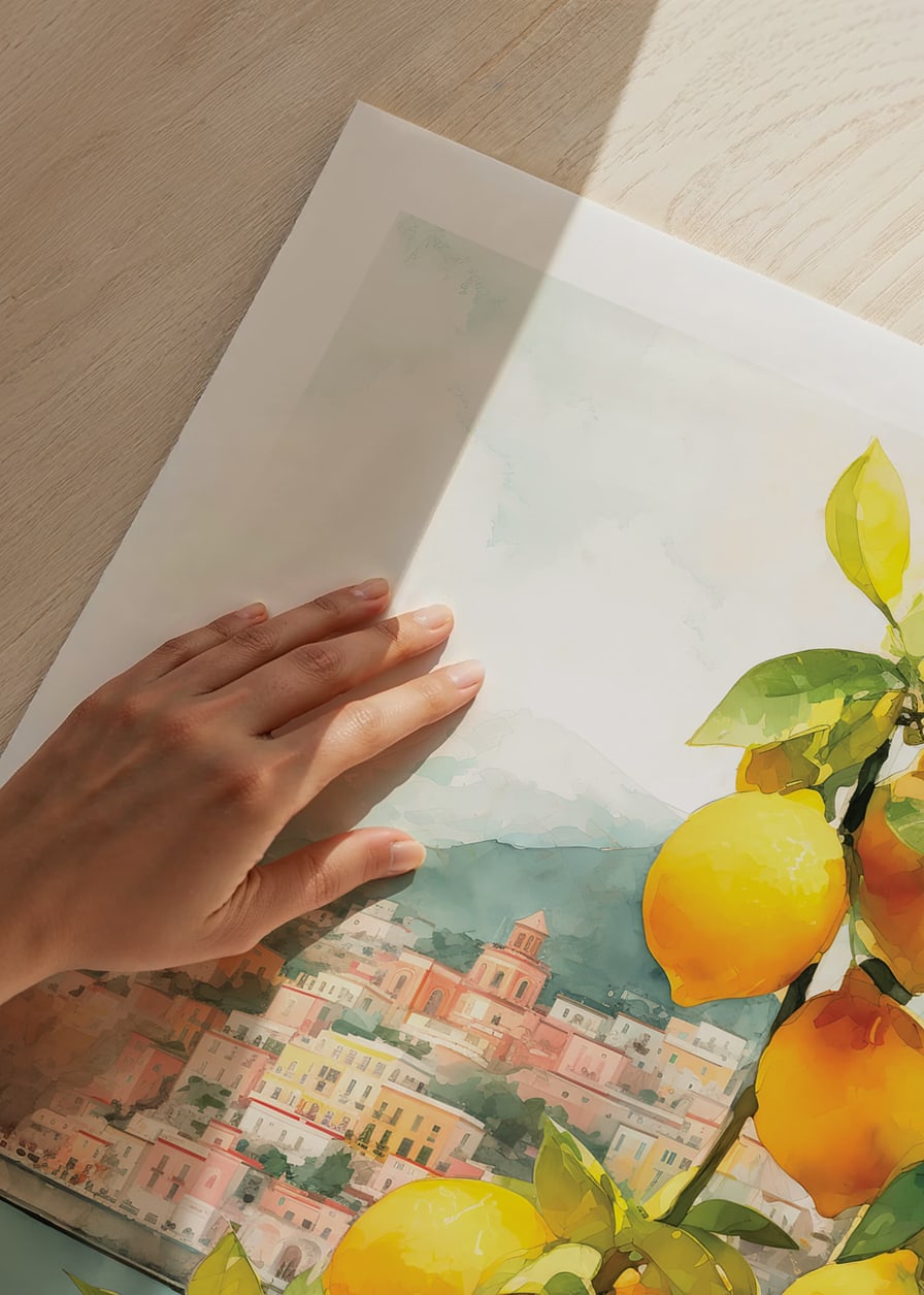 Watercolor of lemon tree with yellow fruits and Amalfi Coast villages-12