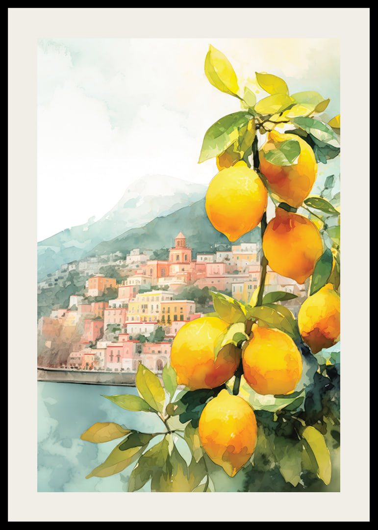 Watercolor of lemon tree with yellow fruits and Amalfi Coast villages-12