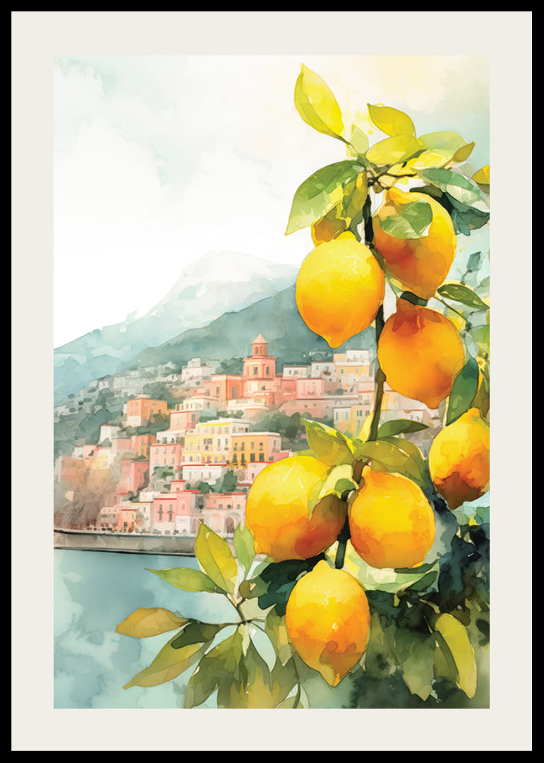 Akvarell av citronträd med gula frukter och Amalfikustens byar-12