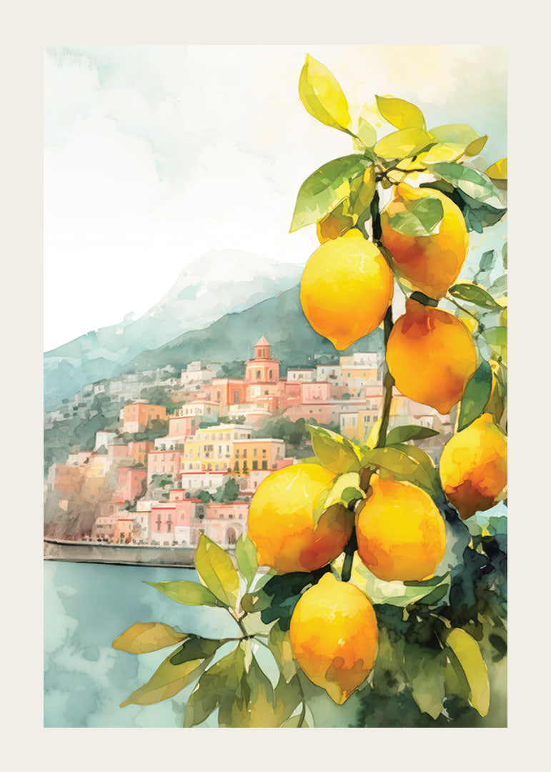 Watercolor of lemon tree with yellow fruits and Amalfi Coast villages-12