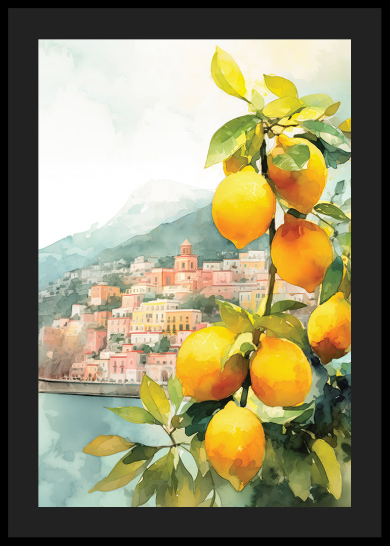 Watercolor of lemon tree with yellow fruits and Amalfi Coast villages-12