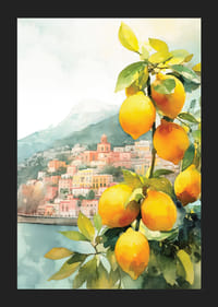 Akvarell av citronträd med gula frukter och Amalfikustens byar-5