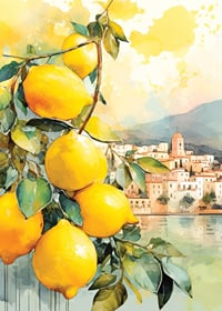 Akvarell av citronkvistar med blad framför italiensk kuststad-7