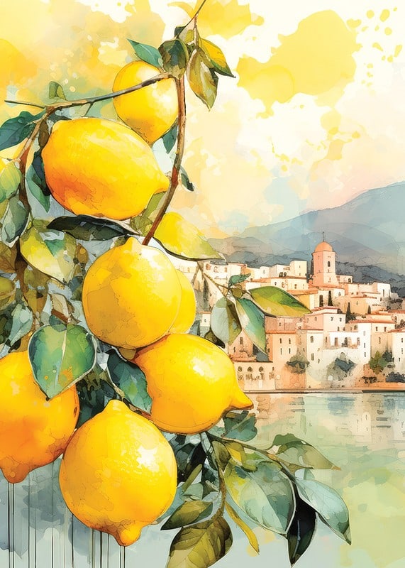 Akvarell av citronkvistar med blad framför italiensk kuststad-12