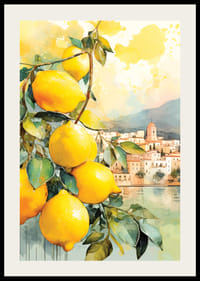 Watercolor of lemon branches with leaves in front of Italian coastal town-2