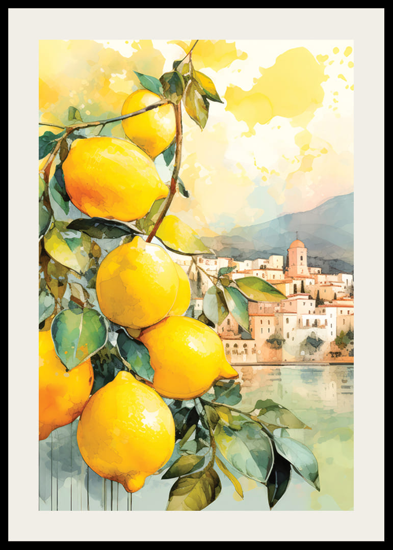 Watercolor of lemon branches with leaves in front of Italian coastal town-12