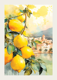Watercolor of lemon branches with leaves in front of Italian coastal town-3