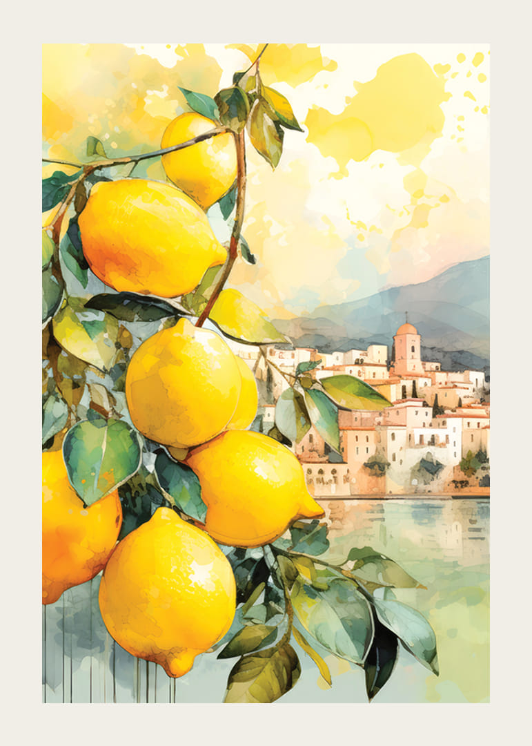 Watercolor of lemon branches with leaves in front of Italian coastal town-12