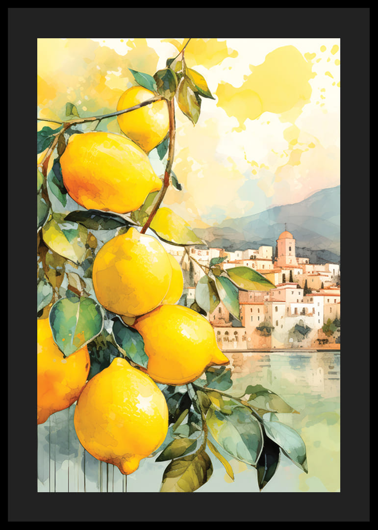 Watercolor of lemon branches with leaves in front of Italian coastal town-12