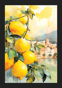 Watercolor of lemon branches with leaves in front of Italian coastal town-5