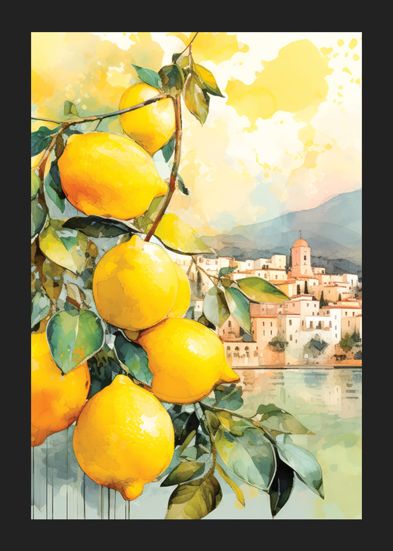 Watercolor of lemon branches with leaves in front of Italian coastal town-12