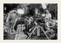 Black and white scene with lion on bench and film recording-3