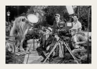 Fekete-fehér jelenet oroszlánnal a padon és filmfelvétellel-3