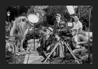 Black and white scene with lion on bench and film recording-5