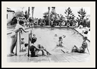 Black and white photo of pool party with bathers and spectators, 1930s-2