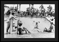 Black and white photo of pool party with bathers and spectators, 1930s-4