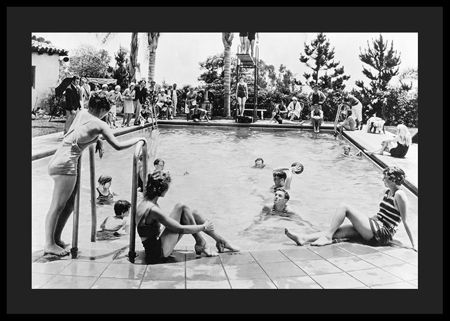 Black and white photo of pool party with bathers and spectators, 1930s-12
