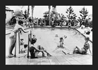Black and white photo of pool party with bathers and spectators, 1930s-5