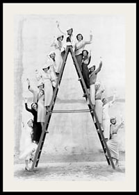 Black and white photograph of women in 1930s clothing on ladder-2