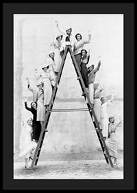 Black and white photograph of women in 1930s clothing on ladder-4