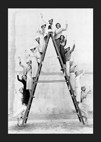 Black and white photograph of women in 1930s clothing on ladder-5