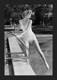 Black and white vintage photograph of woman at poolside in swimsuit-5
