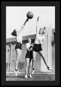 Black and white photograph of three women playing basketball outdoors-4