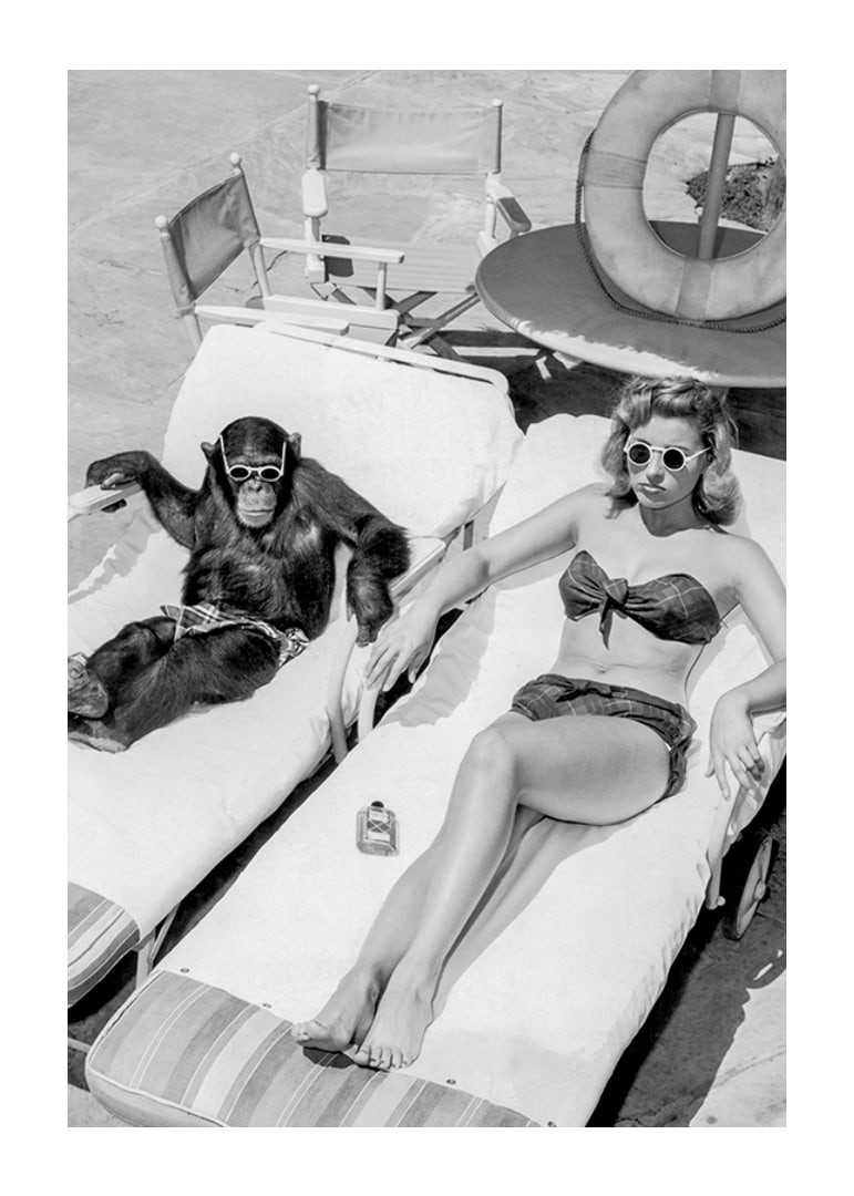 Black and white vintage photograph of woman and chimpanzee by pool-12
