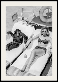 Black and white vintage photograph of woman and chimpanzee by pool-2