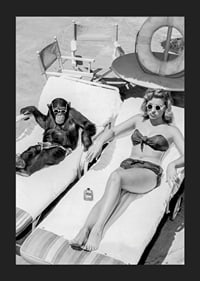 Black and white vintage photograph of woman and chimpanzee by pool-5