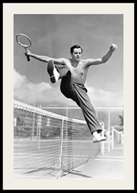 Black and white photo of bare-chested man jumping over tin netting-2