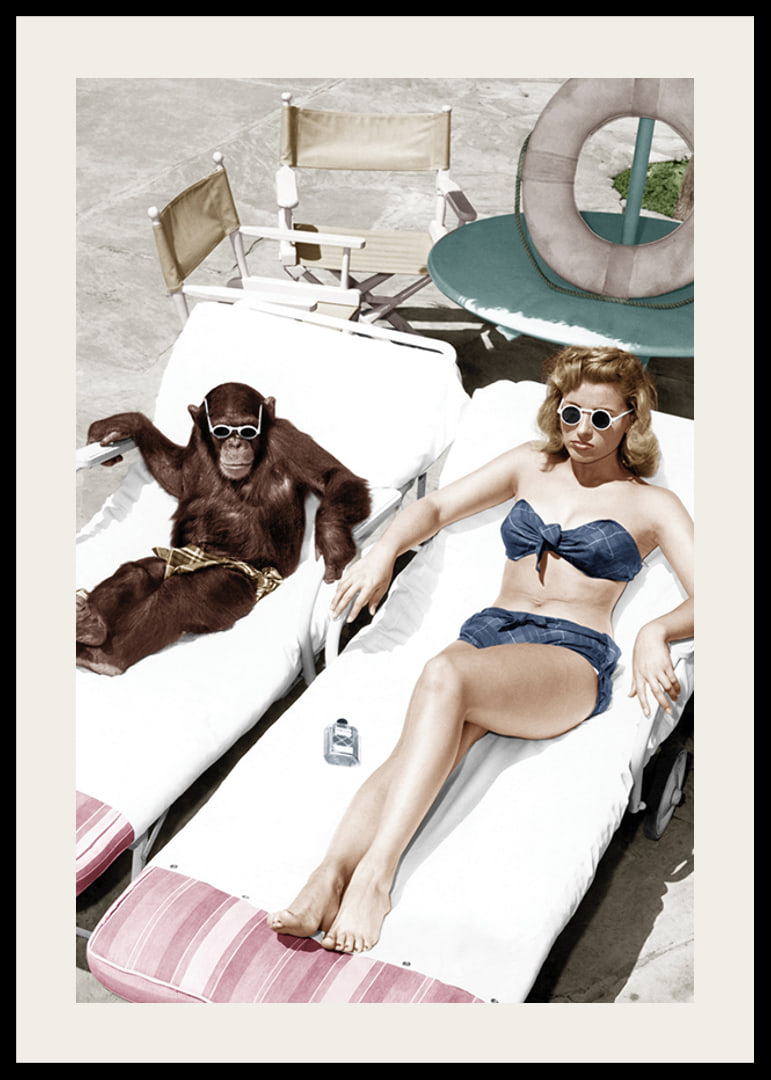 Colorful vintage environment with woman and chimpanzee by the pool-12