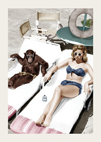 Colorful vintage environment with woman and chimpanzee by the pool-3