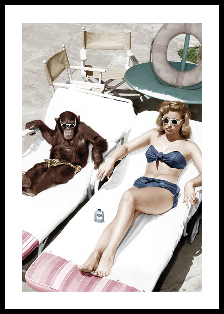 Colorful vintage environment with woman and chimpanzee by the pool-12