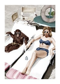 Colorful vintage environment with woman and chimpanzee by the pool-1