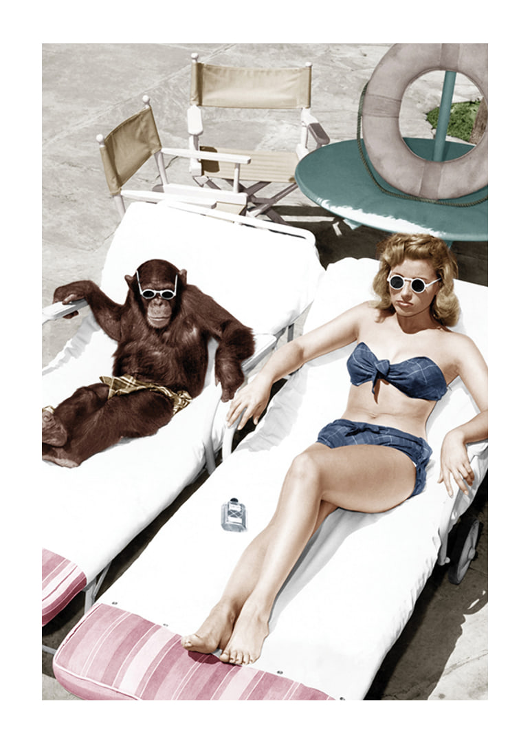 Colorful vintage environment with woman and chimpanzee by the pool-12