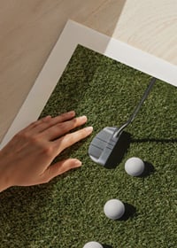 Golf club and four white golf balls on green lawn-9