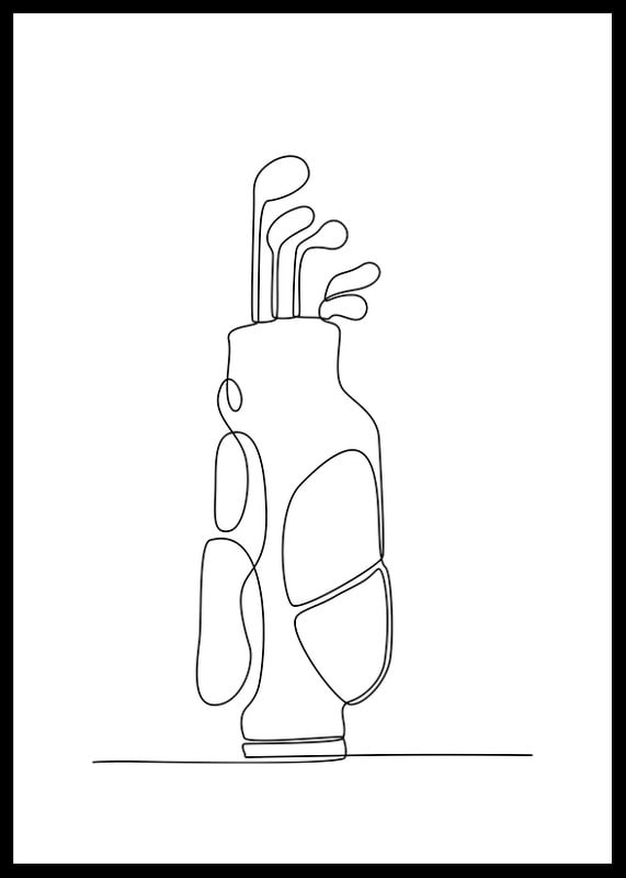 Minimalistisk line art av golfbag med klubbor i svartvitt-12