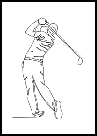 Black line drawing of golfer swinging against white background-0