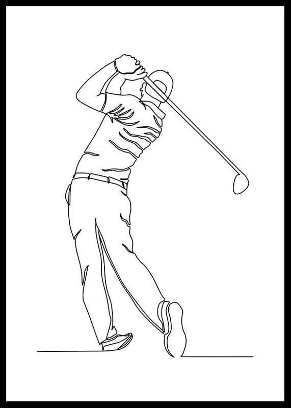 Black line drawing of golfer swinging against white background-12