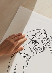 Black line drawing of golfer swinging against white background-3
