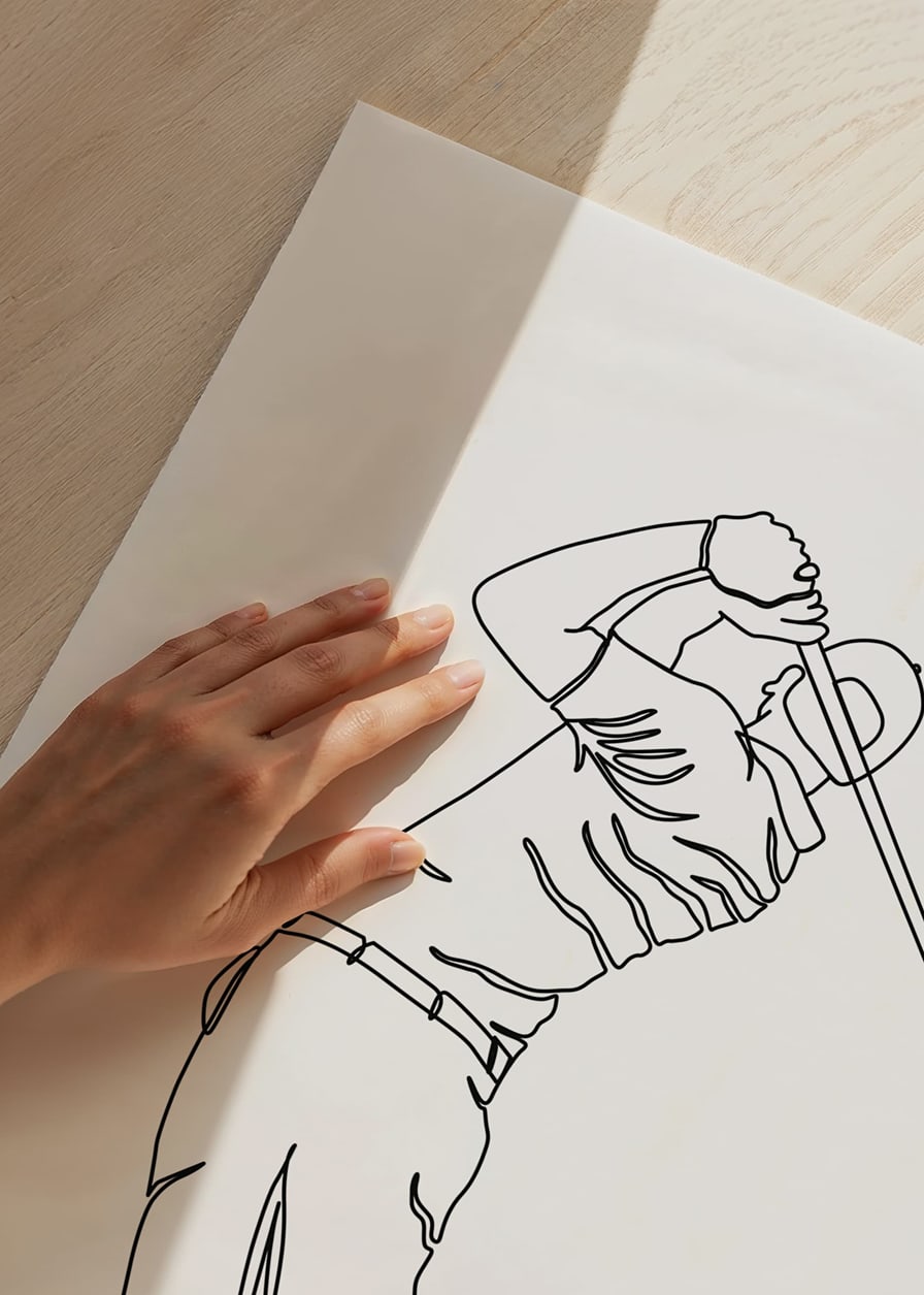 Black line drawing of golfer swinging against white background-12