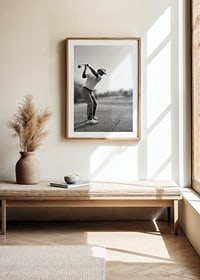 Black and white golfer in line with driver on fairway-8