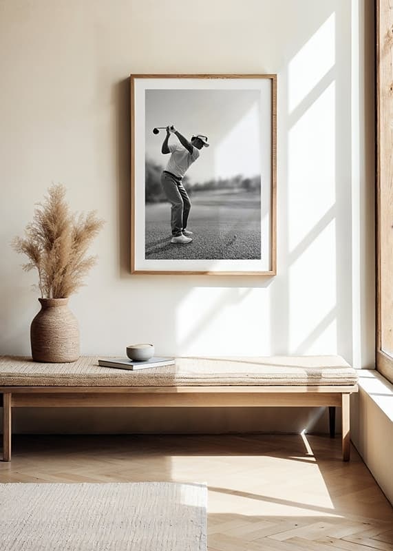 Black and white golfer in line with driver on fairway-12